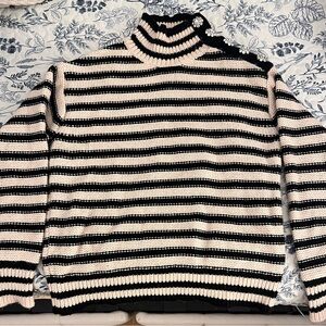 J. Crew Women’s Cable-knit mockneck striped pullover with jewel buttons - size S